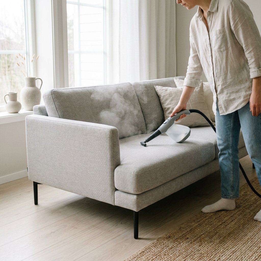 Persoon reinigt een lichtgrijze stoffen bank met stoomreiniger in een rustige Scandinavische woonkamer met daglicht, houten details en nette styling. Persoon reinigt een lichtgrijze stoffen bank met stoomreiniger in een rustige Scandinavische woonkamer met daglicht, houten details en nette styling.